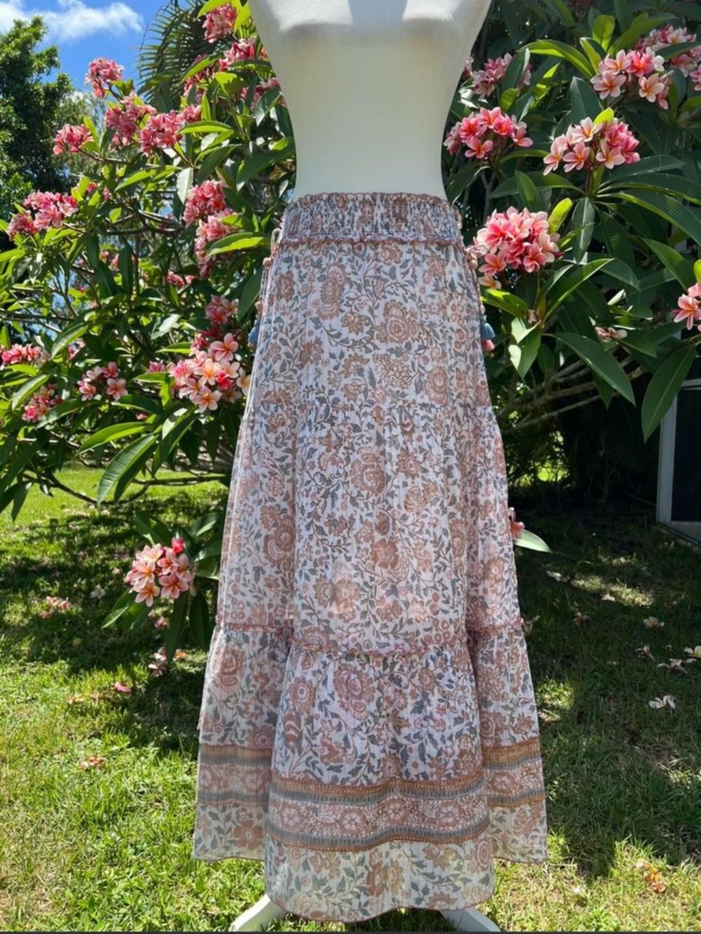Poupette St. Barth Tiered Floral Maxi Skirt in Blush and Cream